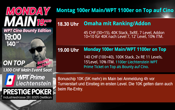 Montag 100er mit 1100 WPT Bounty auf Cino.